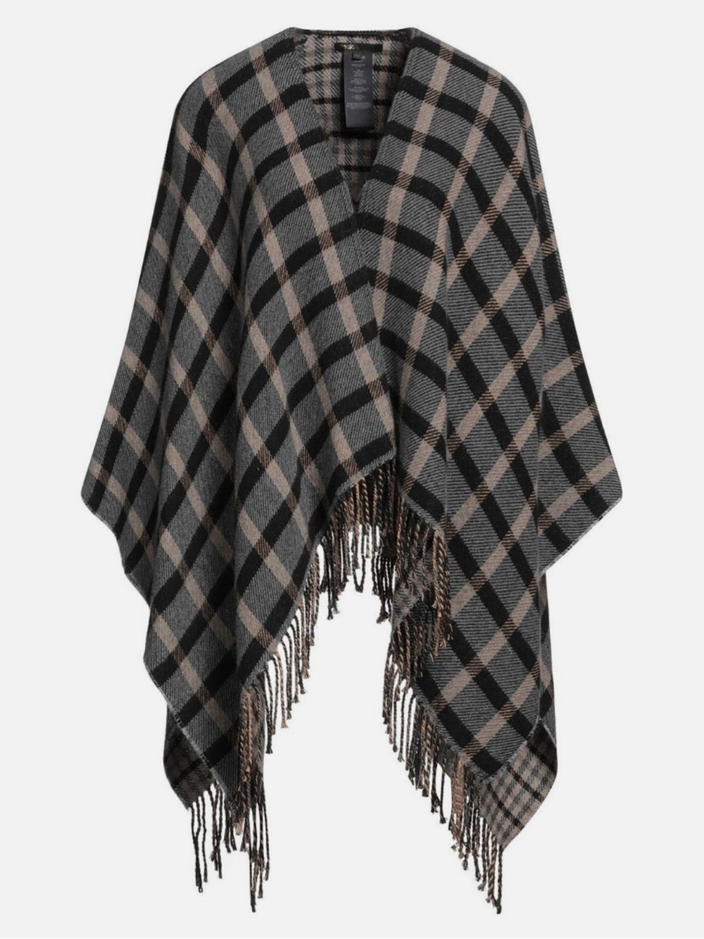 Maje Wool blend Black and Tan Plaid Fringe Wrap. One size